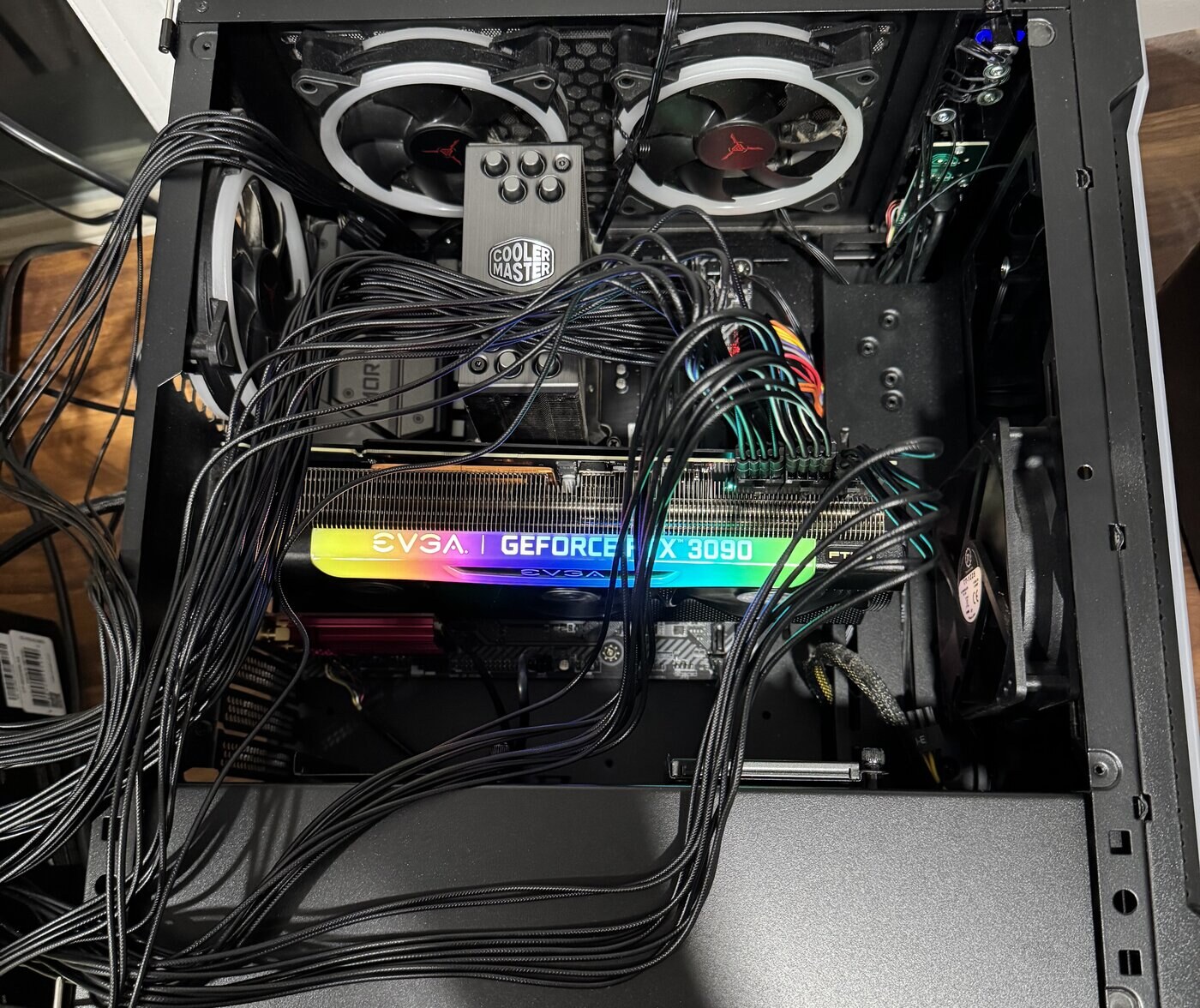 The 3090 sitting in the bench machine, cables still strung everywhere
